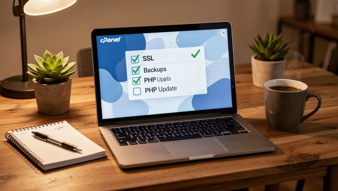 Realistic photograph of a cozy wooden desk with an open laptop showing a cPanel checklist interface for SSL, backups, and PHP updates, accompanied by a notepad with pen, coffee mug, and small plant under warm indoor lighting.