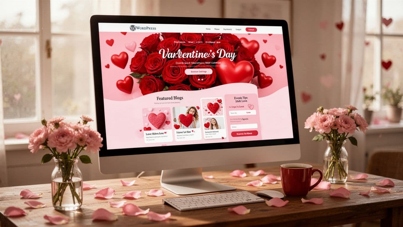 Photorealistic landscape view of a cozy desk with a large angled computer screen displaying a blurred Valentine's Day themed WordPress website homepage featuring red roses, hearts, pink accents, love tips blog posts, and call-to-action buttons. Foreground includes scattered pink petals, coffee mug, and flower vase under soft natural light for a warm romantic mood.