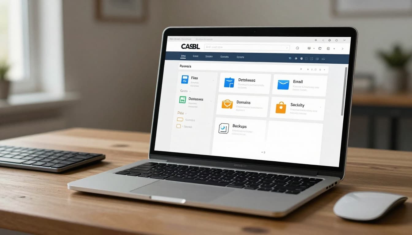 A realistic close-up of a laptop screen displaying a simplified cPanel web hosting control panel dashboard in a modern home office setting with wooden desk, keyboard, mouse, and soft natural light.