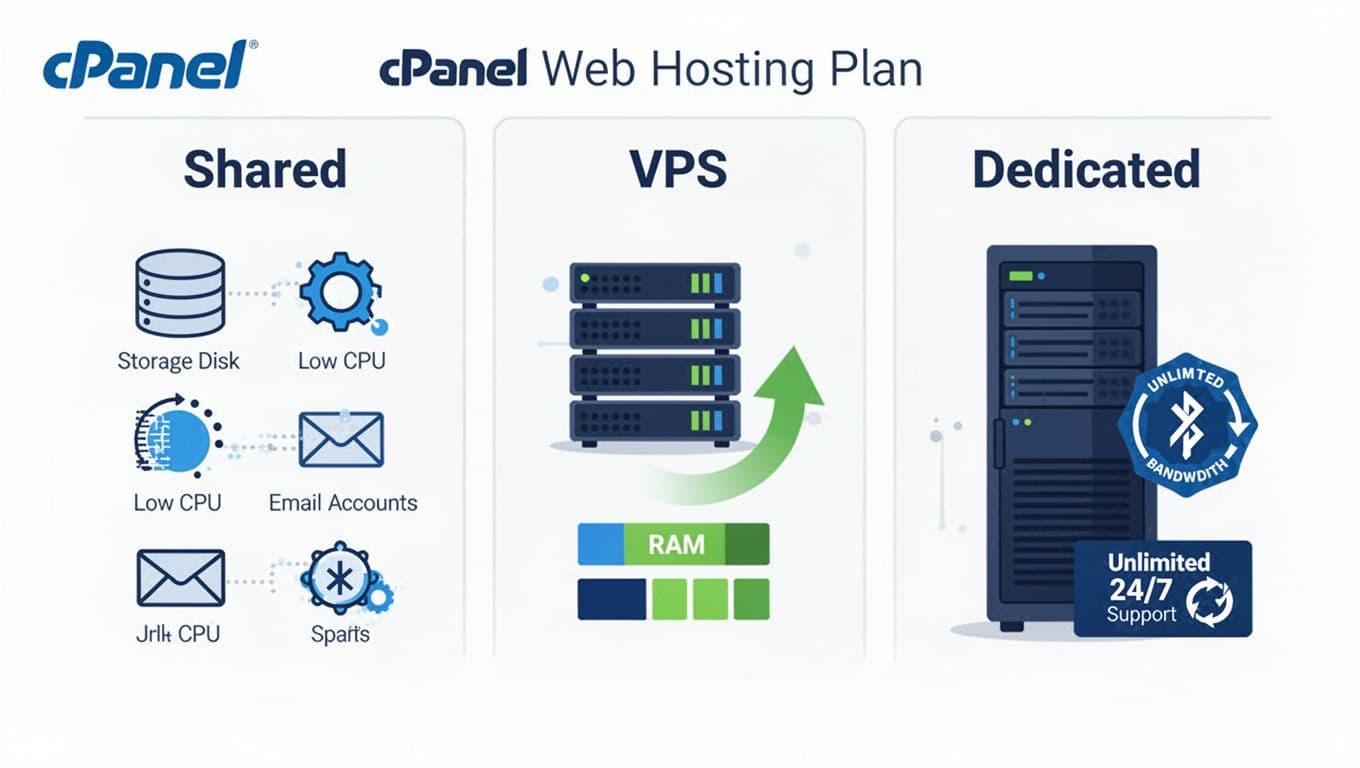 Infographic comparing cPanel shared, VPS, and dedicated hosting plans using icons for storage, CPU, RAM, scalability, bandwidth, and support in a clean modern flat design with blue-green colors.