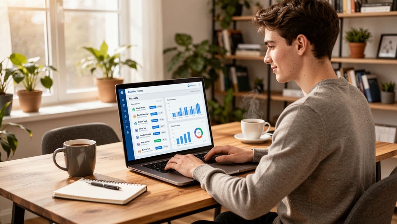 A confident young freelancer works at a modern desk in a bright home office, laptop displaying a clean reseller hosting dashboard with graphs and accounts.