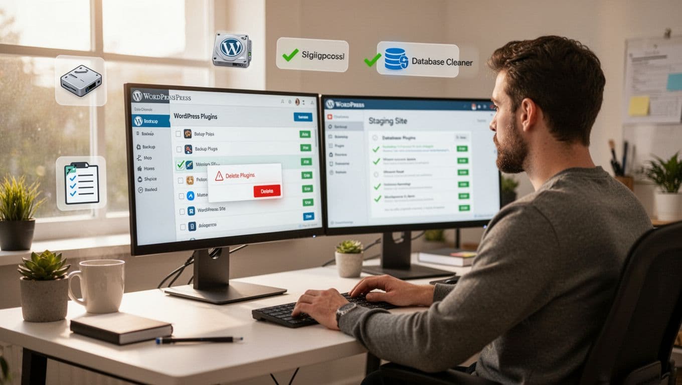 A photorealistic landscape image of a focused WordPress developer seated at a tidy desk with dual monitors in a bright home office. One screen shows a WordPress plugins list with checks and deletes, the other a staging site dashboard, surrounded by subtle icons for backup and tools.