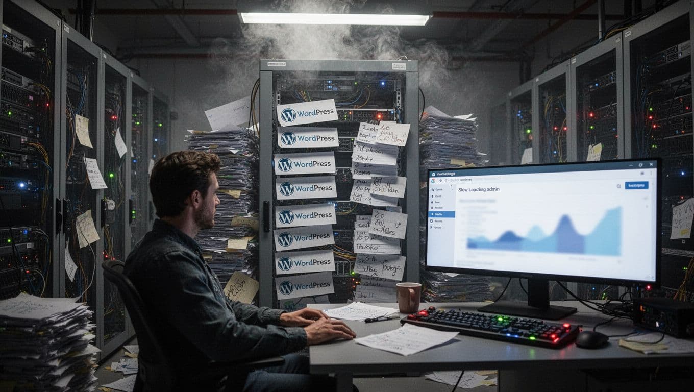 Busy server room with central rack overflowing WordPress plugins and database tables like junk mail, causing slowdown with flickering lights and steam. Developer in foreground views slow admin dashboard on monitor amid dim lighting and clutter.