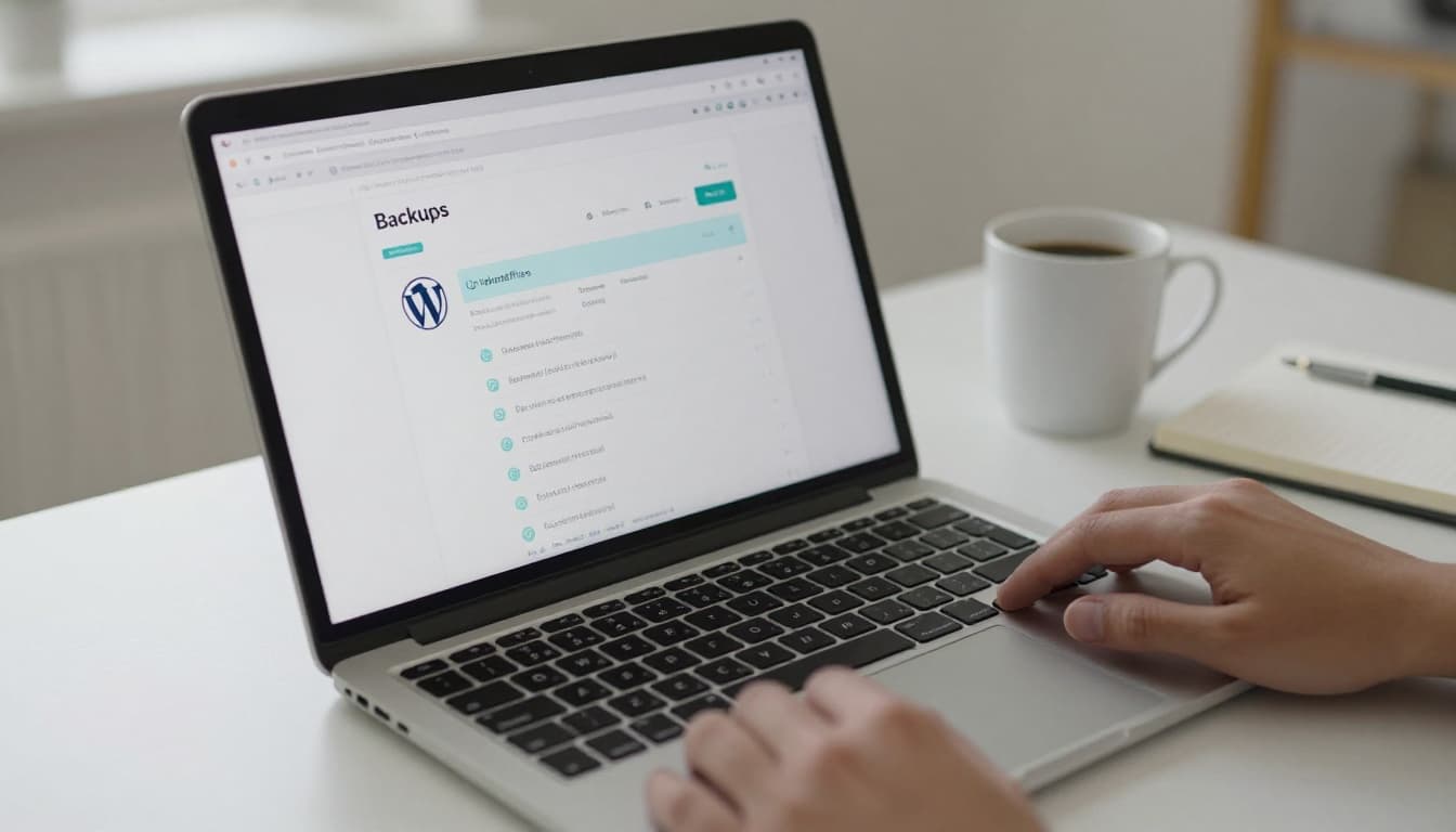 A clean WordPress admin dashboard on a laptop screen in a bright home office, showing the backups section with UpdraftPlus plugin highlighted and a recent backup listed.