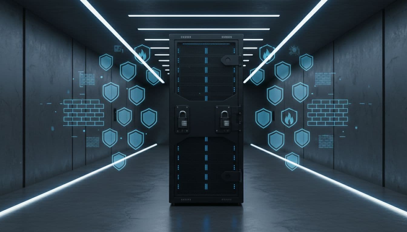 Secure server rack featuring locks and shield icons for DDoS protection and firewalls in a modern data center with dramatic lighting. Realistic photo style, no people, exactly one rack, no text or logos.