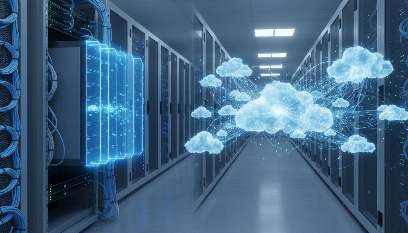 A physical server sliced into virtual partitions for VPS next to interconnected cloud servers pooling resources in a clean data center with cables and cool blue lighting.