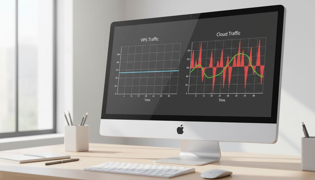 Dashboard screen at an angle on a modern office desk shows simple charts comparing steady consistent traffic for VPS versus spiky burst traffic smoothly handled by cloud hosting. Illustrative style with soft natural light, no people, no extra UI elements.