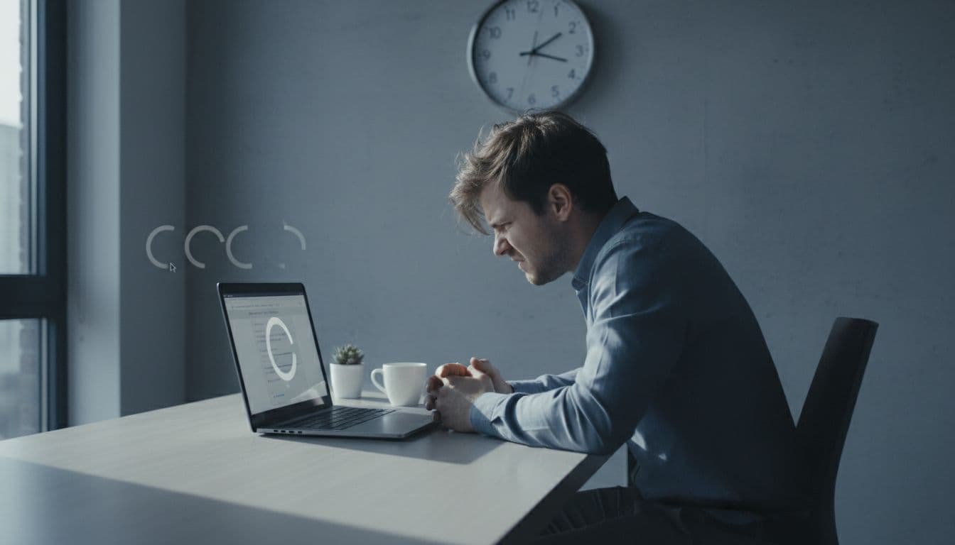 Frustrated young professional at modern office desk stares at laptop screen showing buffering loading spinner, clock ticking past minutes in dim light.