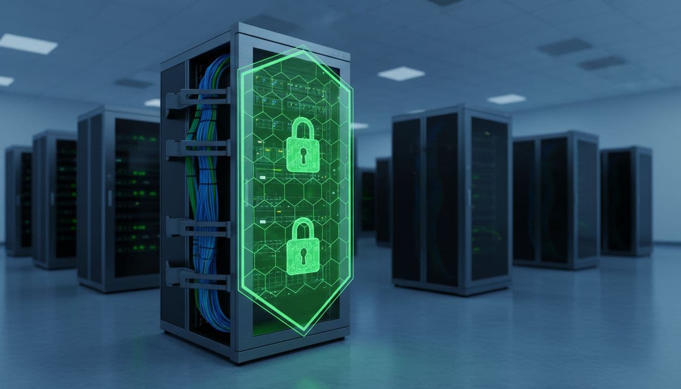 Modern data center server rack glowing with green security shields and padlocks, neatly organized cables, cool blue lighting in high-tech realistic style.