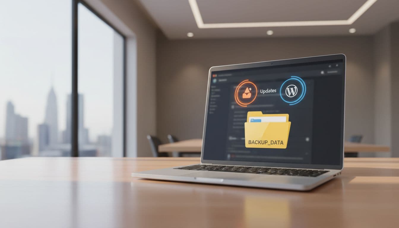 Laptop on a clean desk displaying blurred WordPress dashboard with update icons and open backup folder in modern office with natural light.
