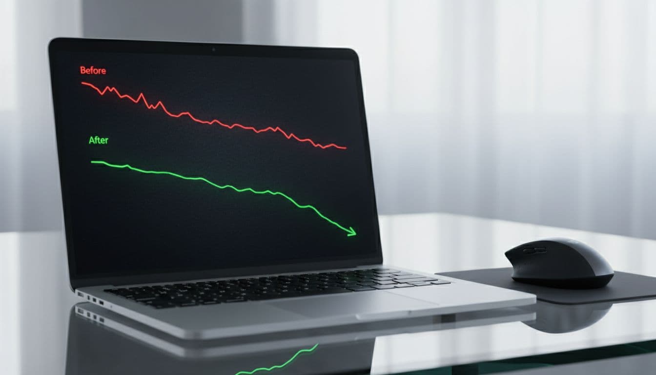 Dual line graphs on a laptop screen comparing website performance before (red line) and after (green line dropping sharply) optimization, in clean modern dark mode charts on a glass desk with mouse nearby, photorealistic style.